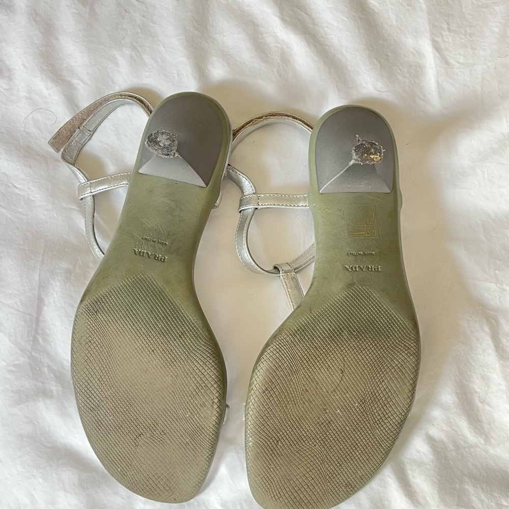 Prada Silver T-Strap Low Heeled Sandals Velcro Closure 8.5 39 - Picture 6 of 7